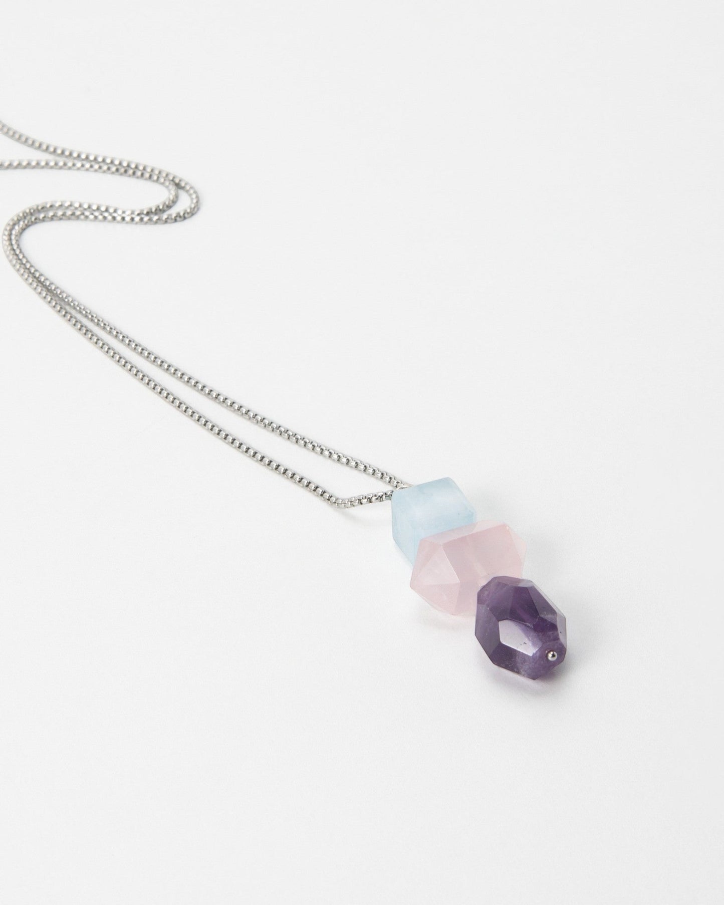 Elsita Jewelry Shape necklace featuring three geometric pastel gemstone beads on a delicate silver chain