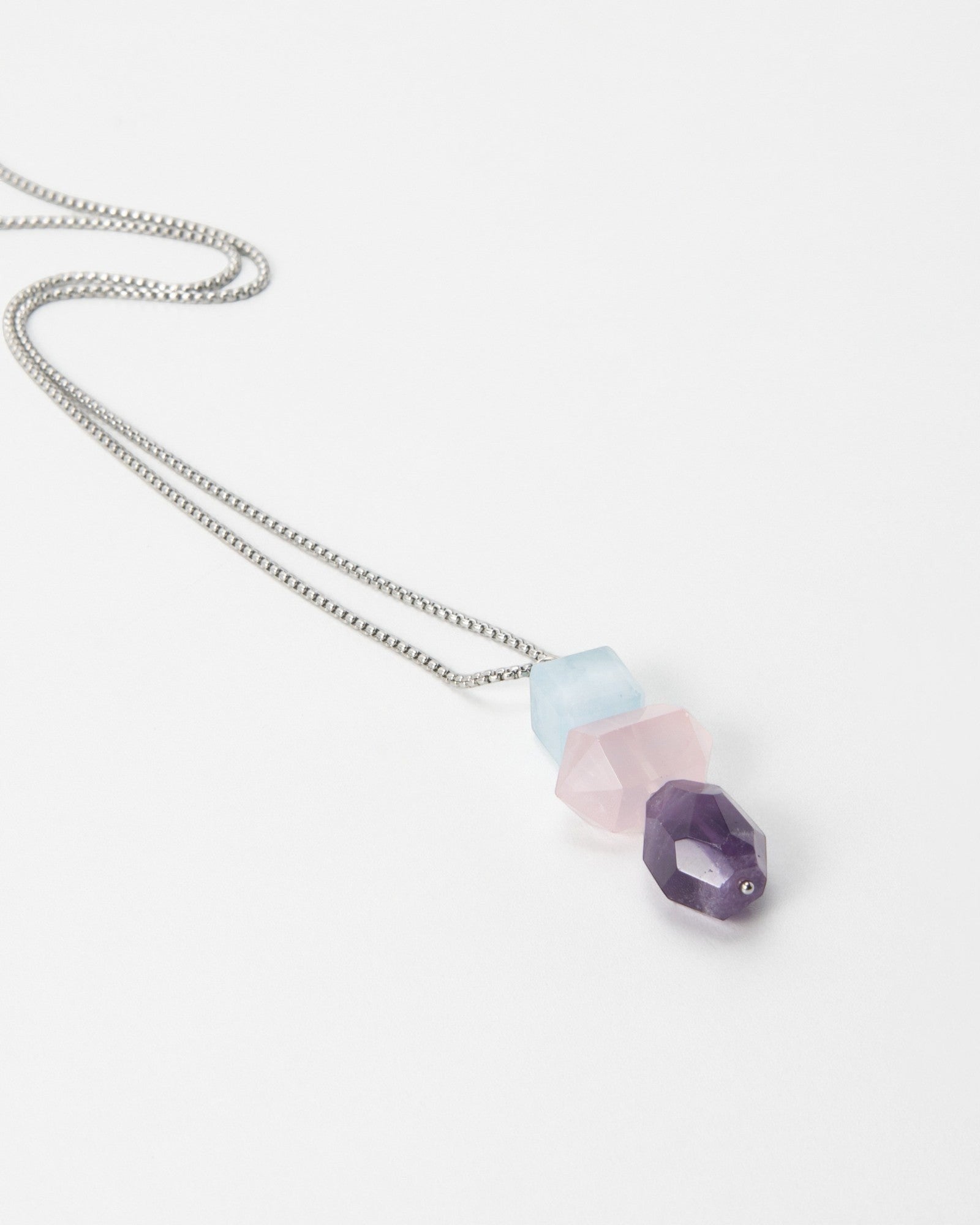 Elsita Jewelry Shape necklace featuring three geometric pastel gemstone beads on a delicate silver chain