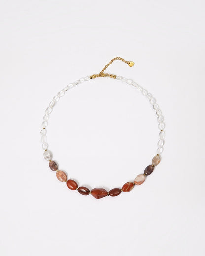 Elsita Jewelry Glow necklace featuring a gradient of red agate, picture jasper, botswana agate, and clear quartz beads.