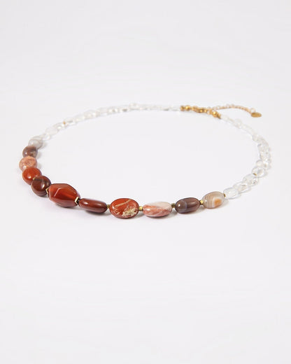 Elsita Jewelry Glow necklace featuring a gradient of red agate, picture jasper, botswana agate, and clear quartz beads.