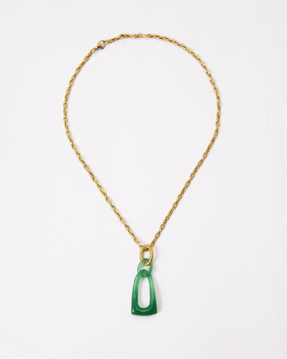 Elsita Jewelry Link Green necklace featuring hand-carved interlocked green agate chain links on a gold-tone metal chain.