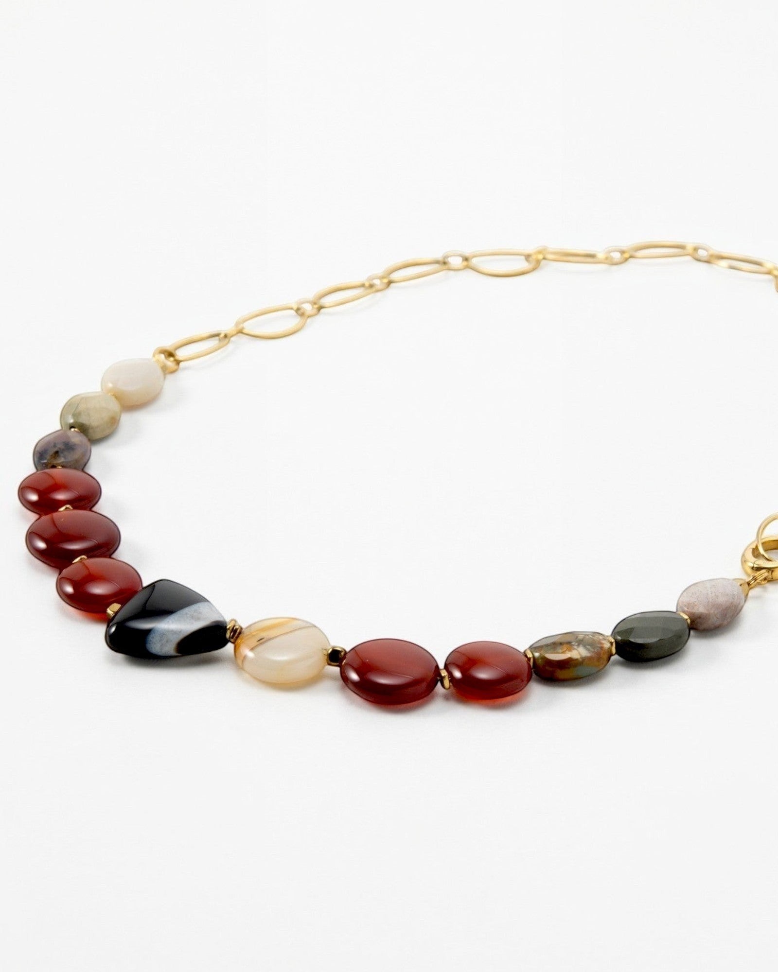 Elsita Jewelry Herbst necklace featuring multicolored polished gemstone beads and a gold chain link clasp