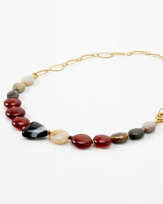 Elsita Jewelry Herbst necklace featuring multicolored polished gemstone beads and a gold chain link clasp