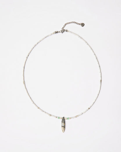 Elsita Jewelry Snowline Grey necklace featuring white howlite beads, grey agate pendant, and sterling silver accents.