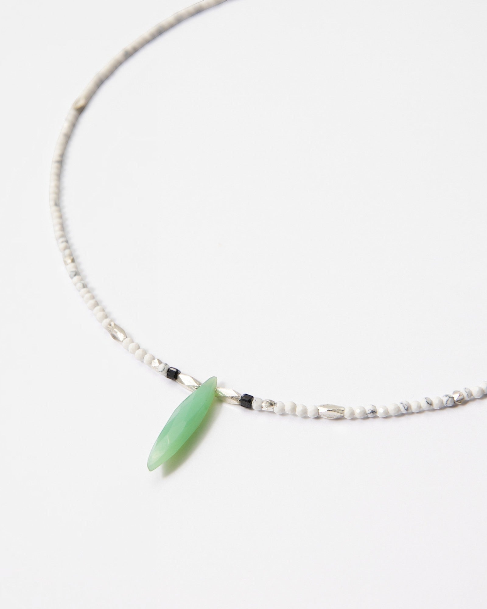 Elsita Jewelry Snowline Green necklace with white howlite, green chrysoprase, and sterling silver beads.