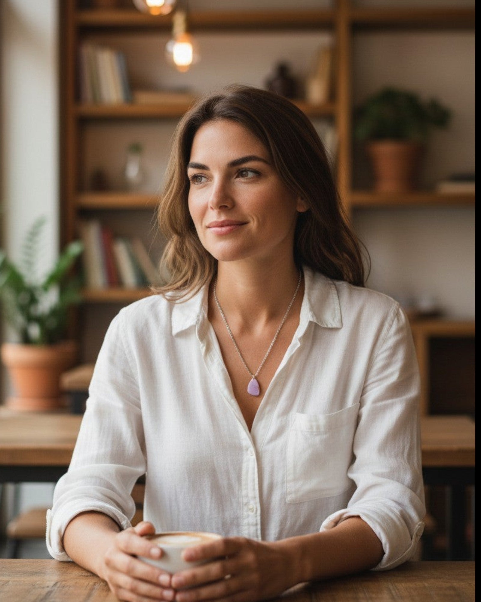 Woman wearing an Elsita Jewelry Lilac teardrop pendant necklace with a silver chain in a cozy cafe setting.