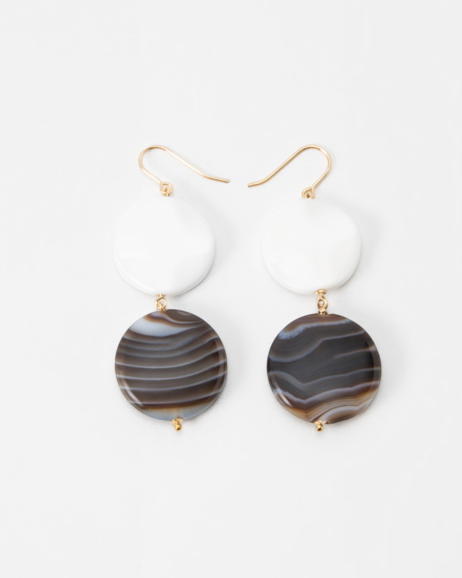 Elsita Jewelry Macchiato earrings featuring white porcelain agate and caramel-brown banded agate on 14K gold-filled wires
