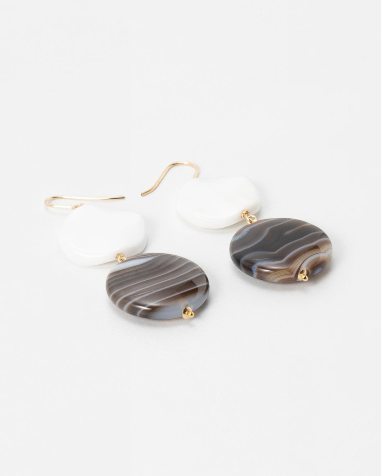 Elsita Jewelry Macchiato earrings featuring white porcelain agate and caramel-grey banded agate on 14K gold-filled wires.