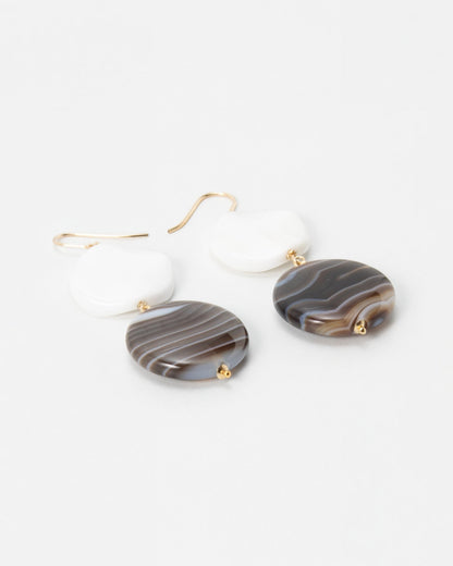 Elsita Jewelry Macchiato earrings featuring white porcelain agate and caramel-grey banded agate on 14K gold-filled wires.