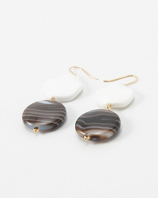 Elsita Jewelry Macchiato earrings featuring white geometric shapes and brown banded agate stone drops on gold hooks.