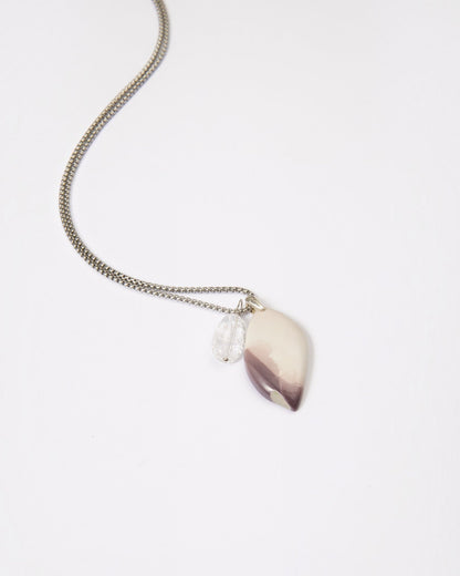 Elsita Jewelry Mauve IV pendant necklace featuring a unique Hyacinth Jasper stone and clear quartz on a silver chain.