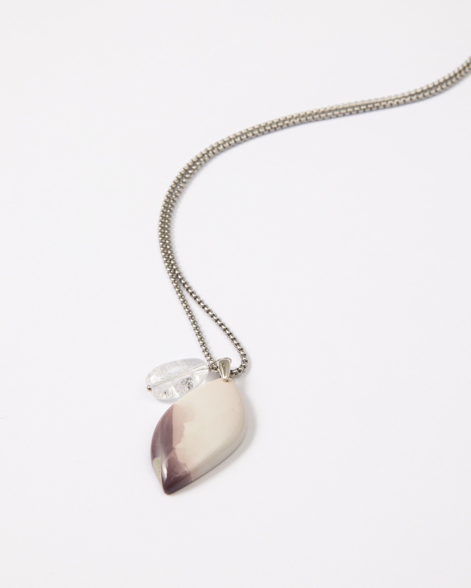 Elsita Jewelry Mauve IV pendant necklace featuring a gradient Hyacinth Jasper stone and clear quartz on a silver chain.