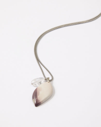 Elsita Jewelry Mauve IV pendant necklace featuring a gradient Hyacinth Jasper stone and clear quartz on a silver chain.