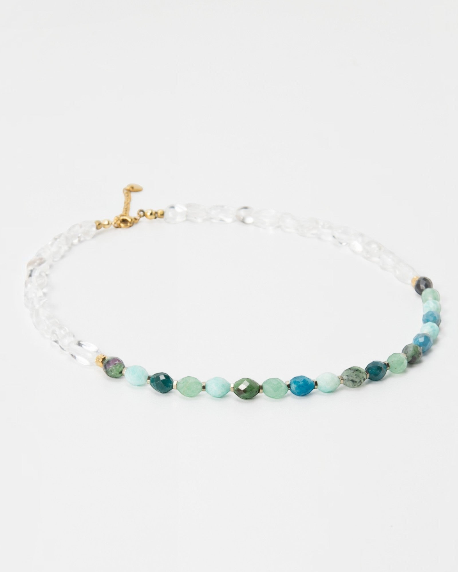 Elsita Jewelry Mint necklace featuring amazonite, aventurine, apatite, and clear quartz beads on a stainless steel chain.
