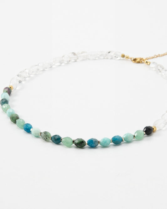 Elsita Jewelry Mint necklace featuring Amazonite, Aventurine, Apatite, and clear quartz beads with stainless steel clasp.