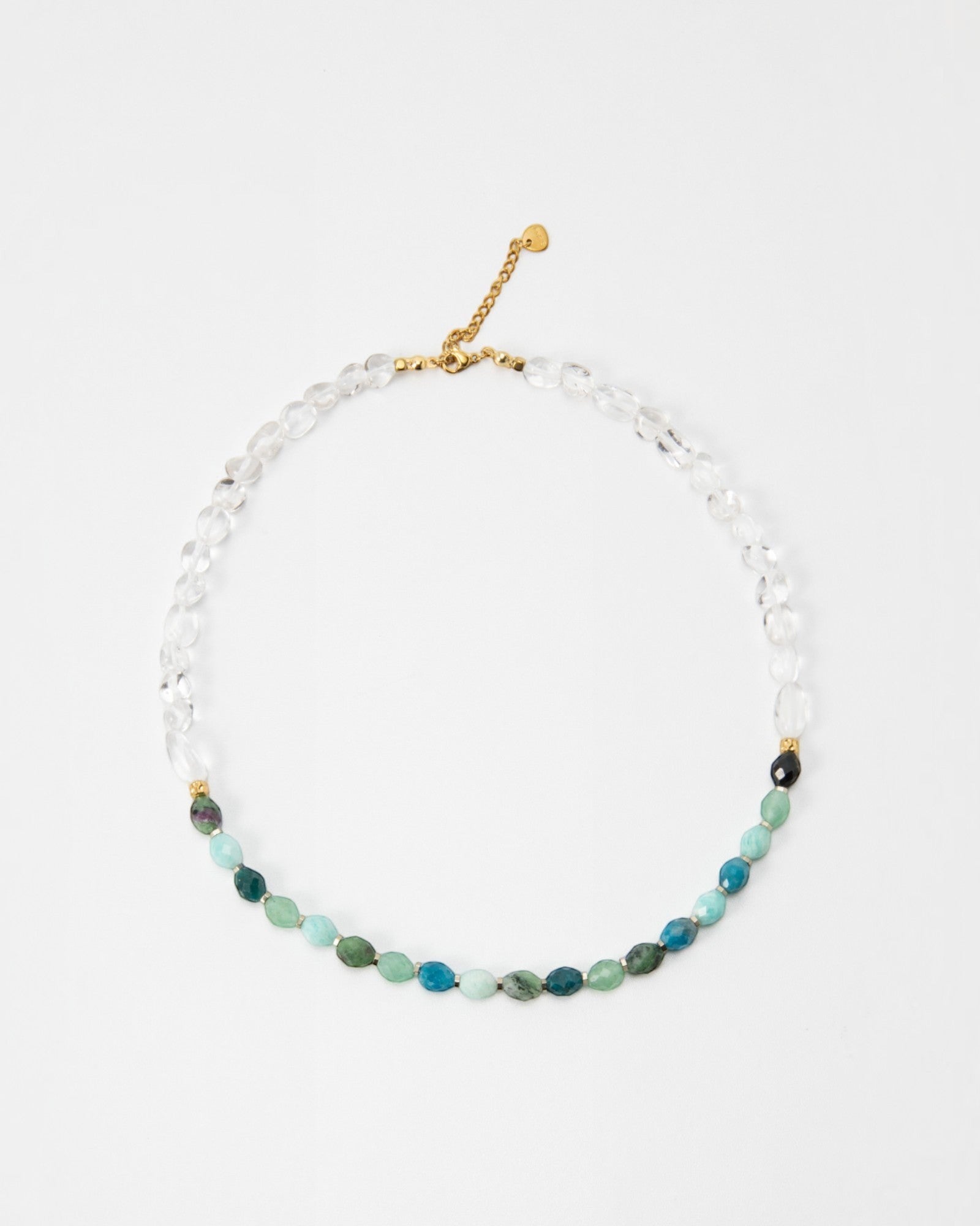 Elsita Jewelry Mint necklace featuring Amazonite, Aventurine, Apatite, and clear quartz beads on a stainless steel chain.