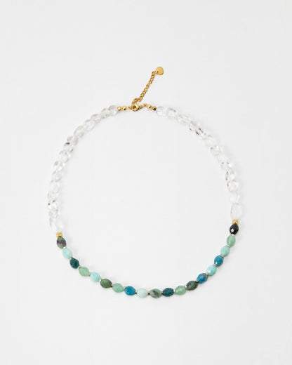 Elsita Jewelry Mint necklace featuring Amazonite, Aventurine, Apatite, and clear quartz beads on a stainless steel chain.