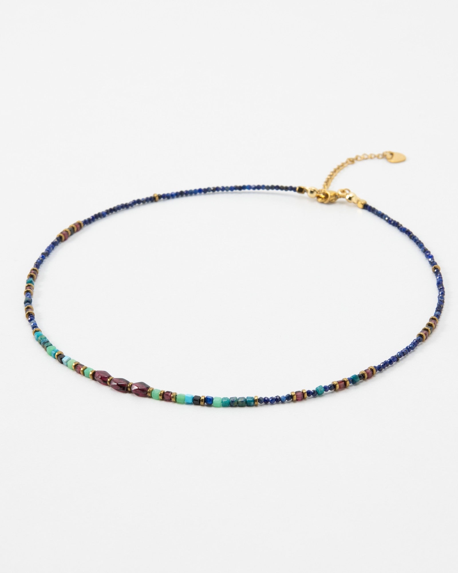 Elsita Jewelry Nomad choker featuring a delicate strand of multicolored natural mineral beads including garnet and turquoise