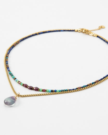 Elsita Jewelry Nomad double chain necklace featuring a beaded mineral choker and a bronze chain with a Fluorite pendant