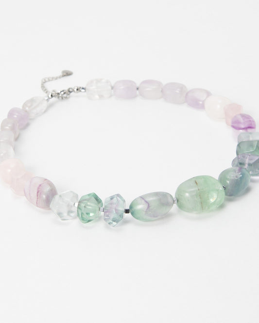 Elsita Jewelry Pastel necklace featuring smooth and faceted multi-coloured fluorite gemstone beads on a silver chain.