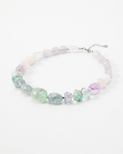 Elsita Jewelry Pastel necklace featuring smooth and faceted multi-coloured fluorite gemstone beads on a silver chain.