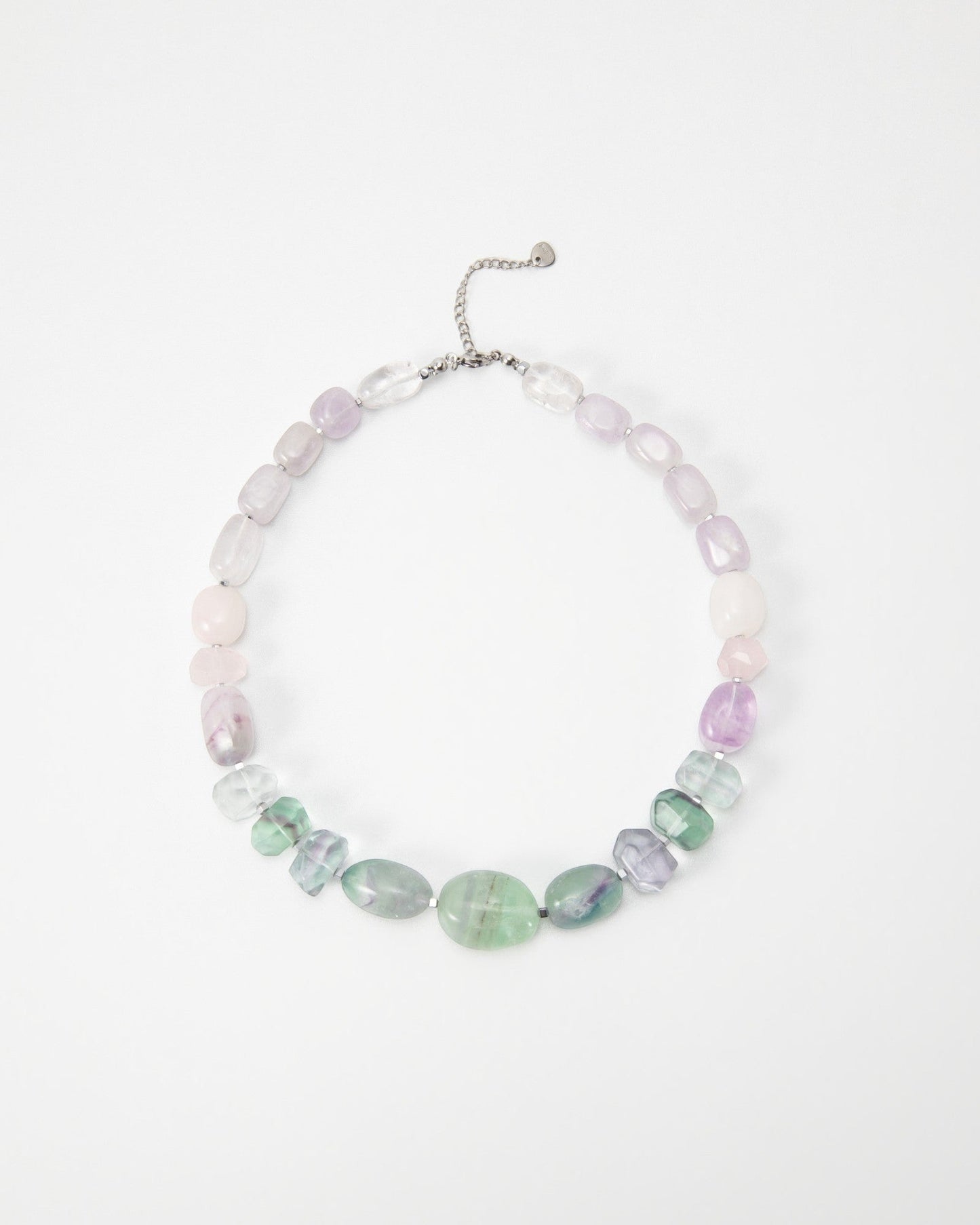 Elsita Jewelry Pastel necklace featuring smooth, multi-colored gemstone beads in soft lavender, pink, and mint green.