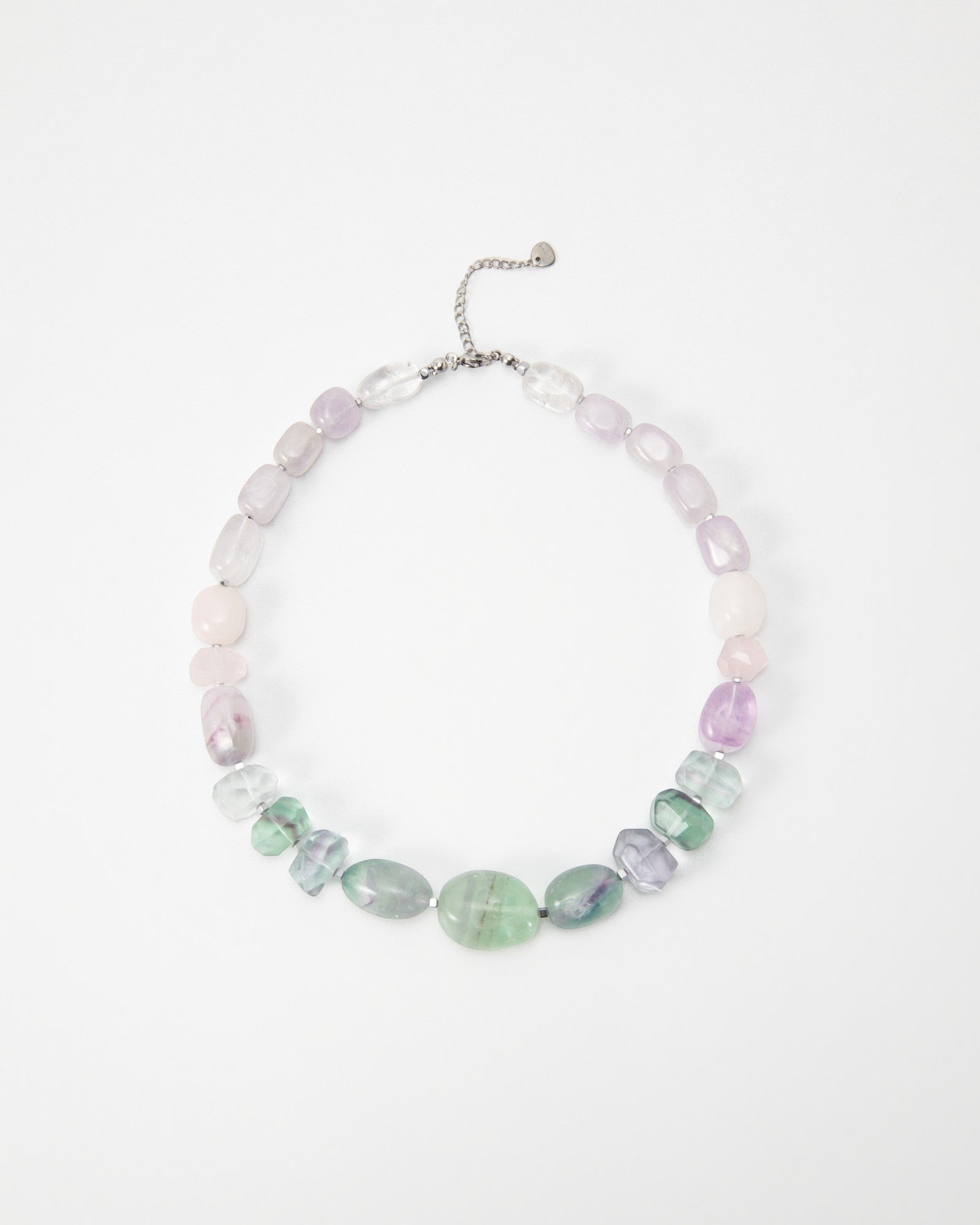 Elsita Jewelry Pastel necklace featuring smooth, multi-colored gemstone beads in soft lavender, pink, and mint green.