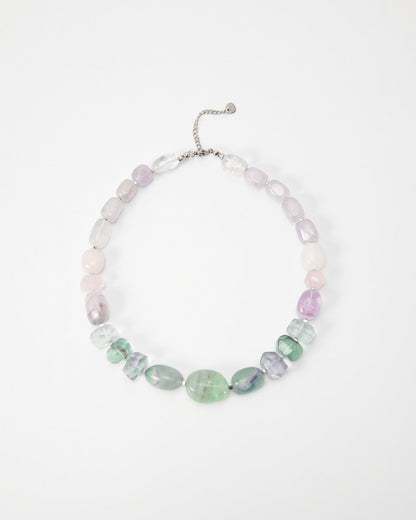 Elsita Jewelry Pastel necklace featuring smooth, multi-colored gemstone beads in soft lavender, pink, and mint green.