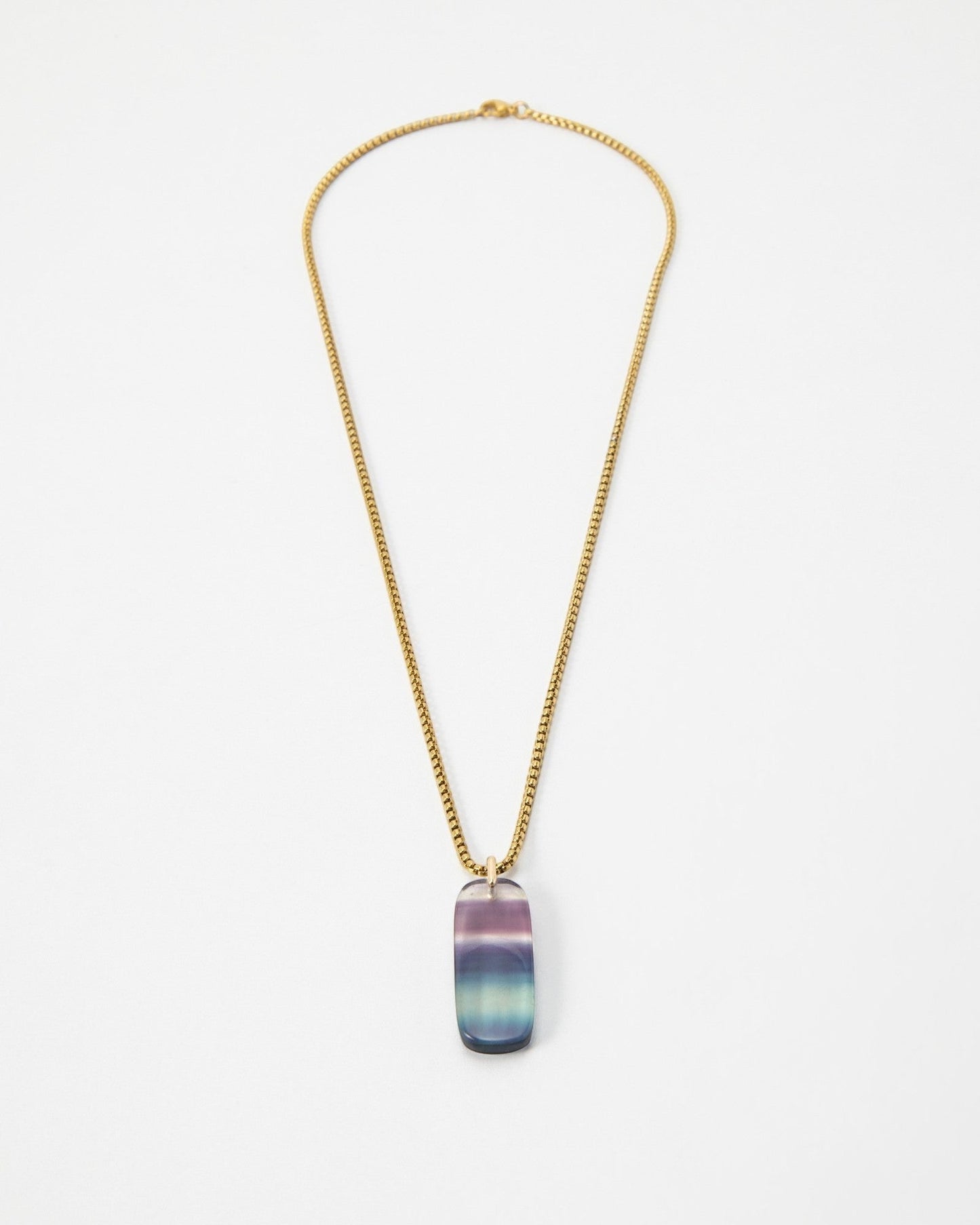 Elsita Jewelry Rainbow necklace featuring a rectangular multi-colored fluorite pendant on a gold chain