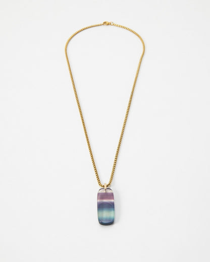 Elsita Jewelry Rainbow necklace featuring a rectangular multi-colored fluorite pendant on a gold chain