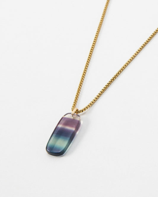 Elsita Jewelry Rainbow necklace featuring a rectangular multi-colored fluorite pendant on a gold chain