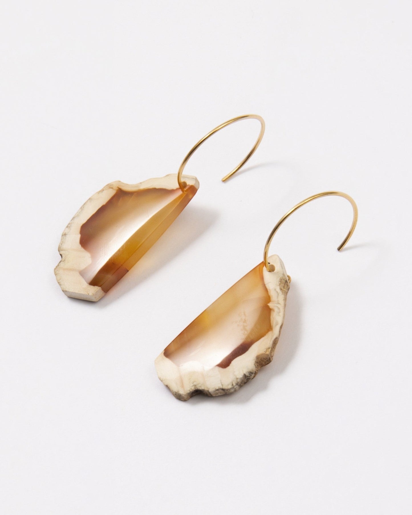 Elsita Jewelry Wild 16 raw Indonesian agate slice earrings on 14K gold-filled hoops with natural earthy banding.