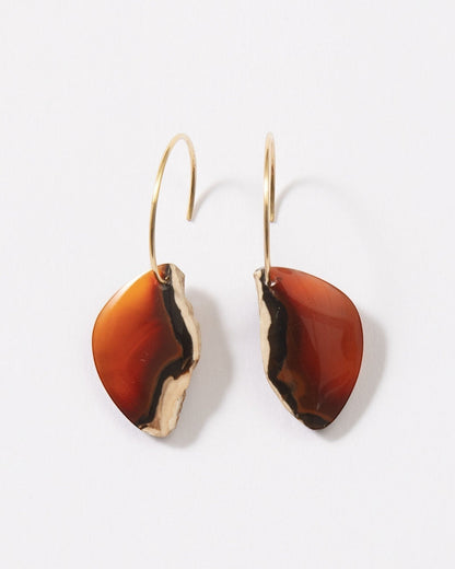 Elsita Jewelry Wild 15 raw Indonesian agate slice earrings on 14K gold-filled hoops with earthy red and brown banding.