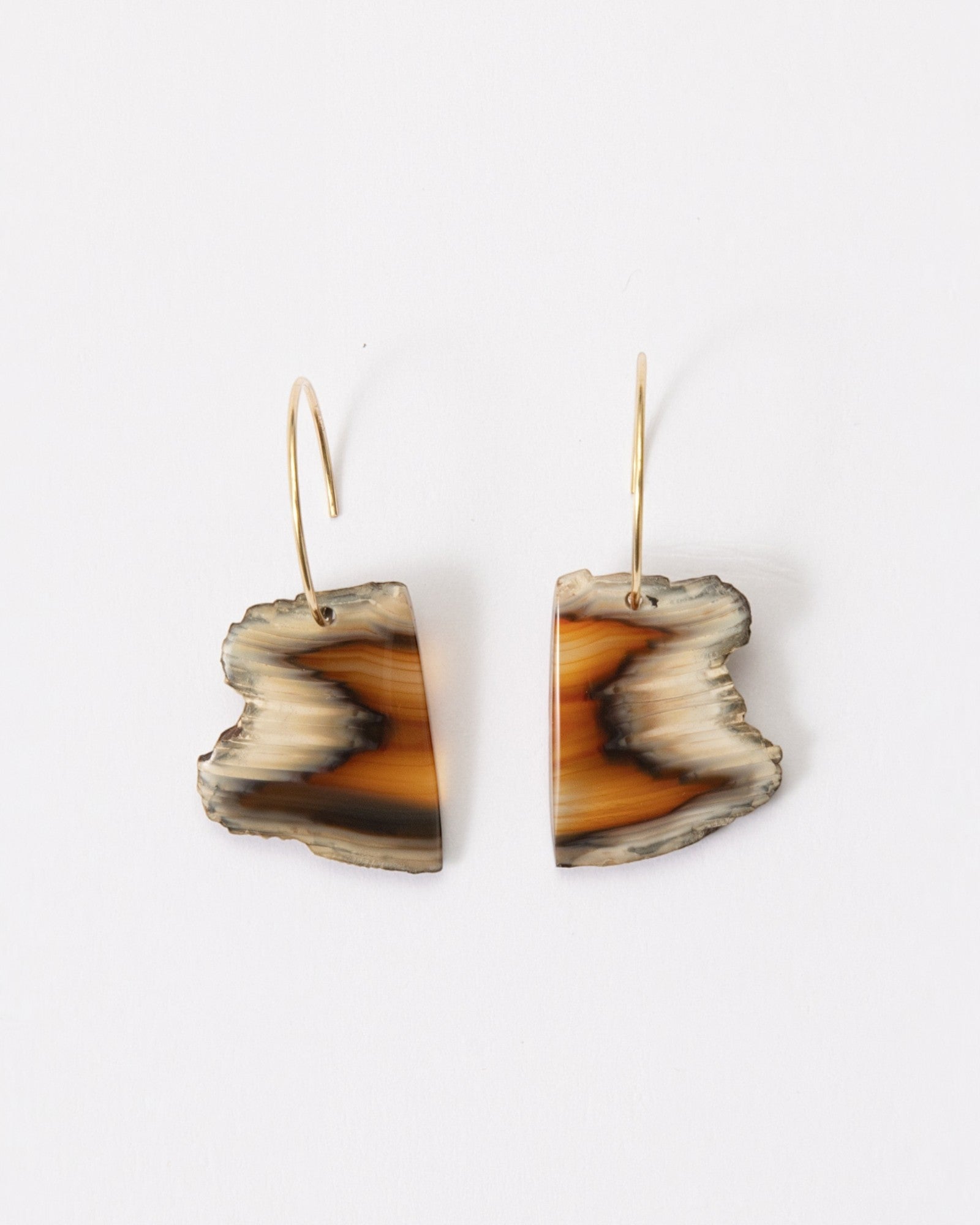 Elsita Jewelry Wild 9 raw Indonesian agate slice earrings on 14K gold-filled hoops with natural earthy banding