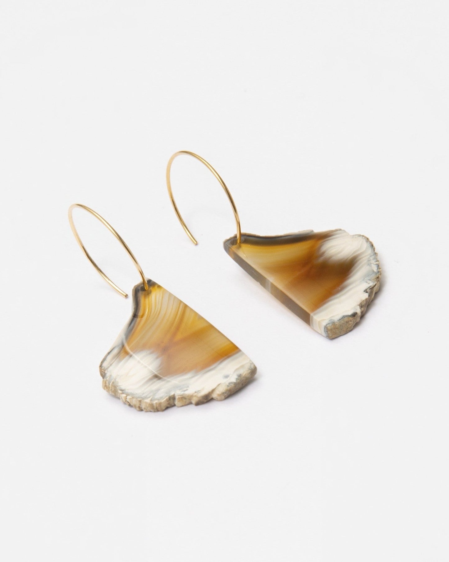 Elsita Jewelry Wild 10 raw Indonesian agate slice earrings on 14K gold-filled hoops with earthy brown and beige banding.