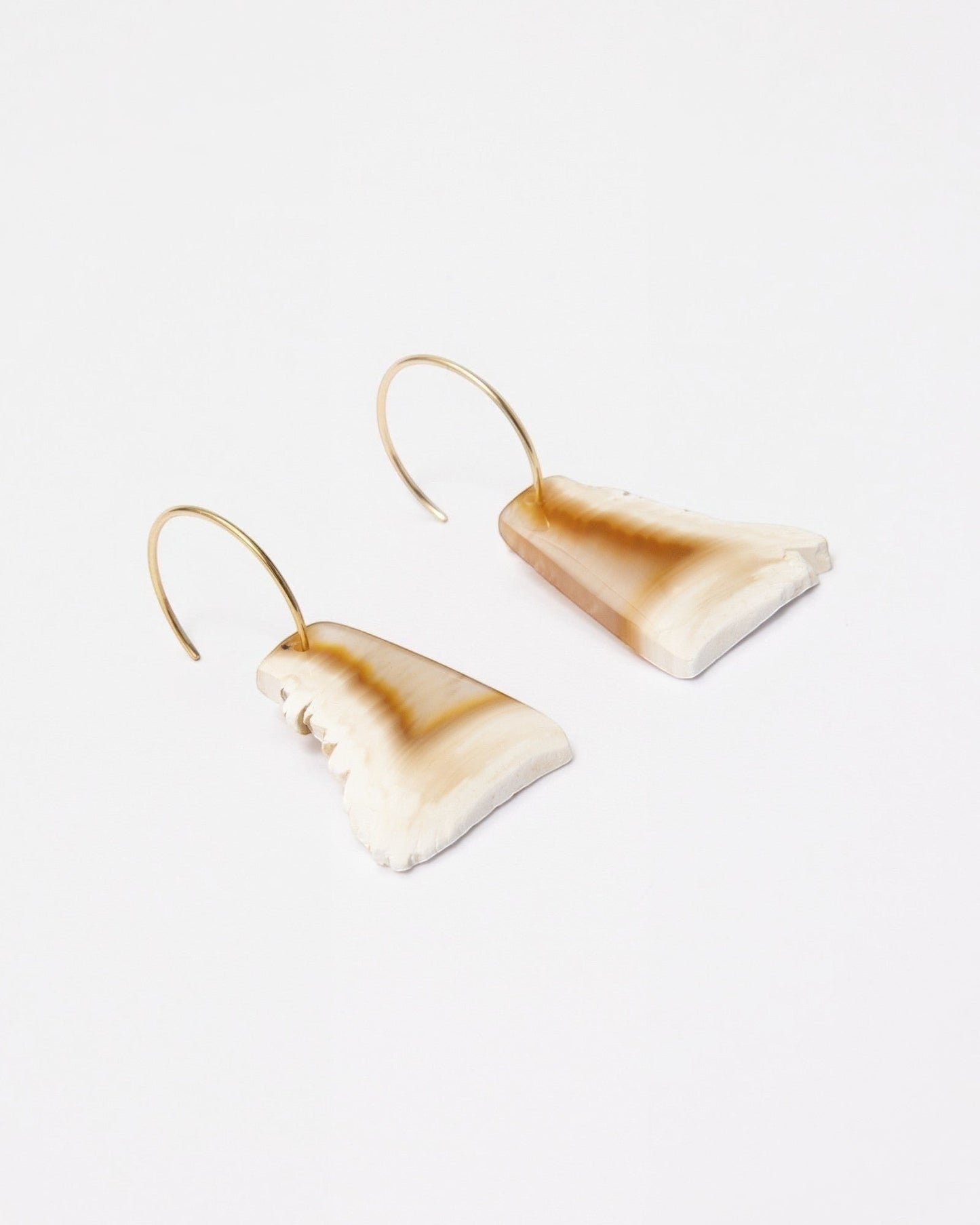 Elsita Jewelry Wild 5 raw Indonesian agate slice earrings on 14K gold-filled hoops with natural beige banding.