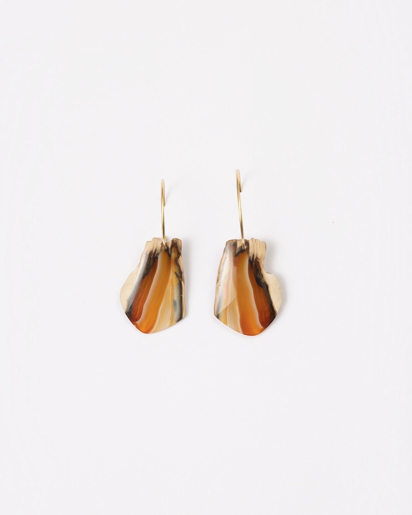 Elsita Jewelry Wild 1 raw Indonesian agate slice earrings on 14K gold-filled hoops with earthy banded stone patterns.