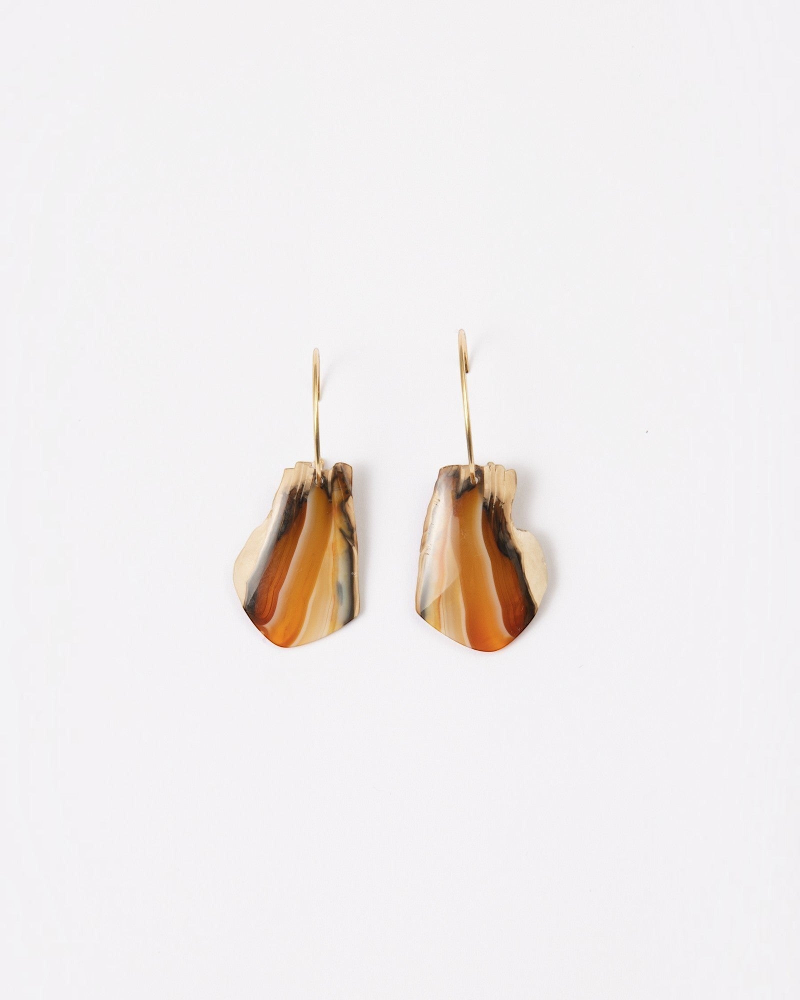Elsita Jewelry Wild 1 raw Indonesian agate slice earrings on 14K gold-filled hoops with earthy banded stone patterns.