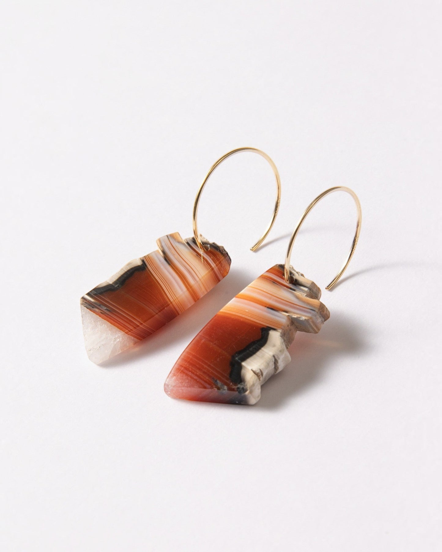 Elsita Jewelry Wild 17 earrings featuring raw Indonesian agate slices in warm earth tones on 14K gold-filled hoops.