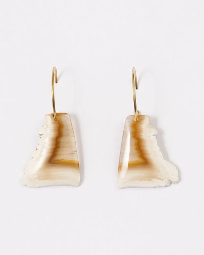 Elsita Jewelry Wild 5 raw Indonesian agate slice earrings on 14K gold-filled hoops with natural beige banding.
