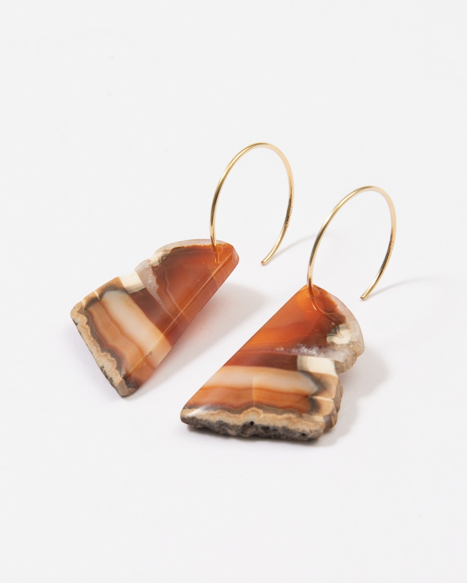 Elsita Jewelry Wild 6 raw Indonesian agate slice earrings with natural banding on 14K gold-filled hoops.