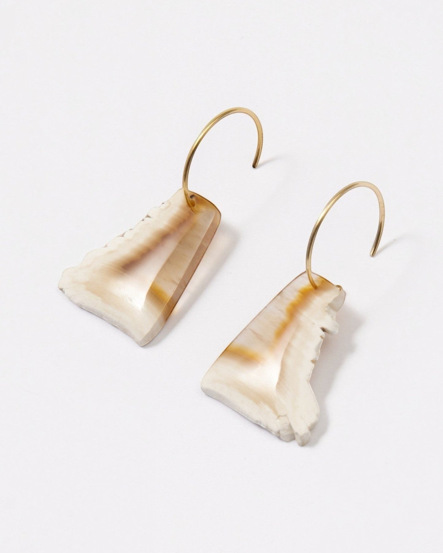 Elsita Jewelry Wild 5 raw Indonesian agate slice earrings on 14K gold-filled hoops with natural beige banding.