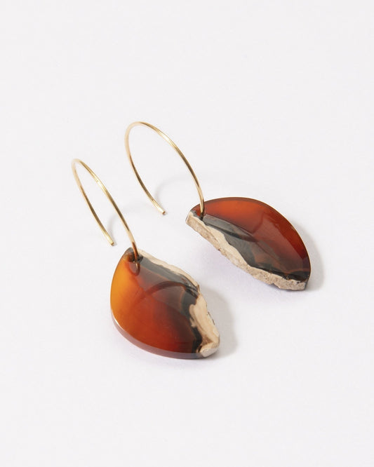 Elsita Jewelry Wild 15 raw Indonesian agate slice earrings on 14K gold-filled hoops with earthy red and brown tones.