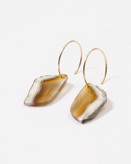 Elsita Jewelry Wild 19 earrings featuring raw, freeform Indonesian agate slices on 14K gold-filled hoops.