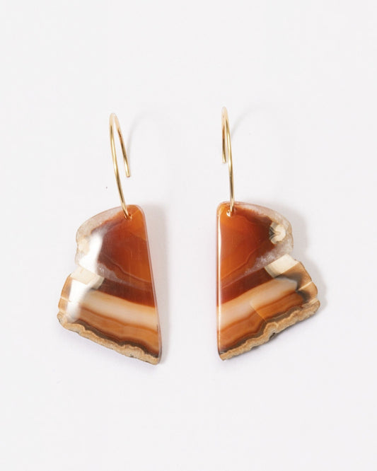 Elsita Jewelry Wild 6 raw Indonesian agate slice earrings with natural banding on 14K gold-filled hoops.