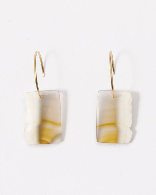 Elsita Jewelry Wild 12 raw Indonesian agate slice earrings on 14K gold-filled hoops with natural beige banding.