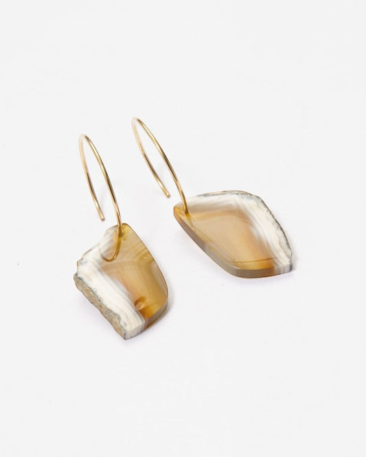 Elsita Jewelry Wild 19 raw Indonesian agate slice earrings on 14K gold-filled hoops with natural banded earth tones.