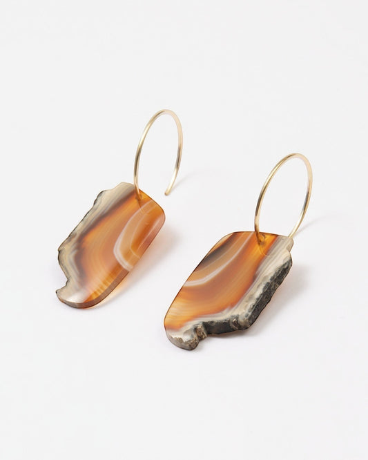 Elsita Jewelry Wild 8 earrings featuring raw, freeform Indonesian agate slices on 14K gold-filled hoops.