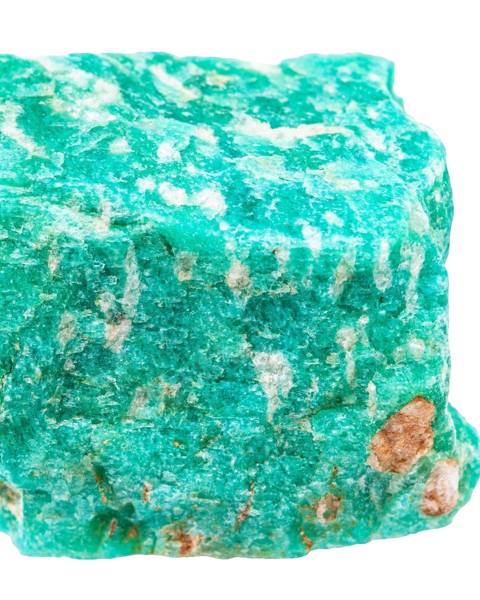 Elsita Jewelry raw amazonite gemstone with vibrant green and turquoise crystalline texture isolated on white