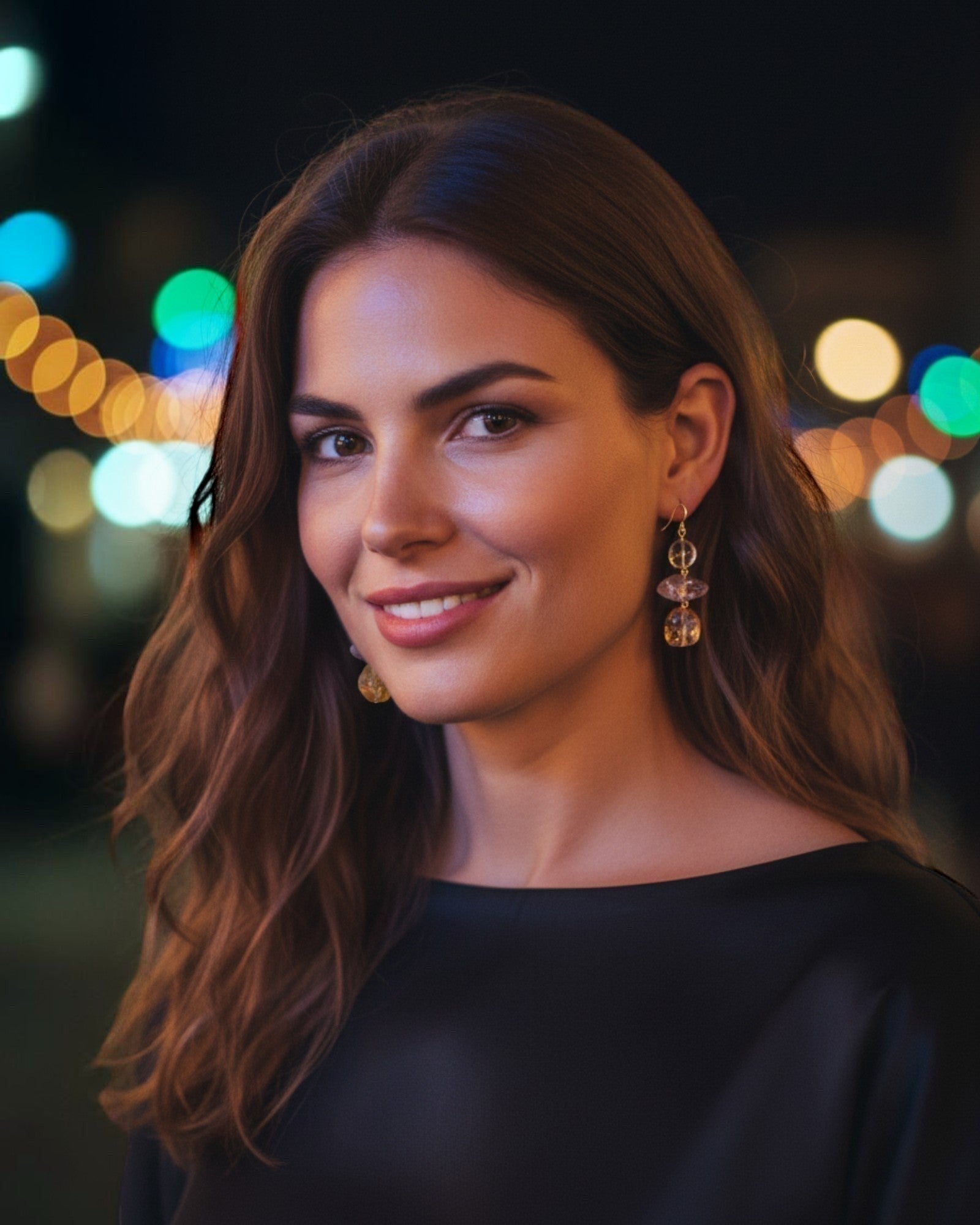 Woman wearing Elsita Jewelry Raw drop earrings featuring clear and amber-toned raw crystal stones at night.